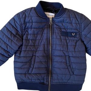 True Religion Boys 6 Navy Blue Bomber Quilted Jacket Big Logo Puffer Zip Front